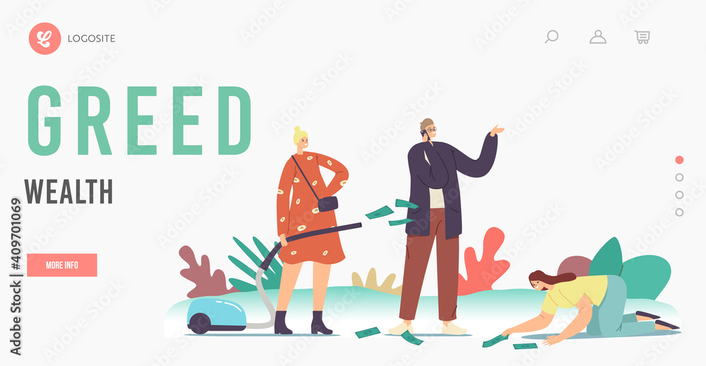 Naklejka premium Love Money, Greed Wealth, Cupidity Landing Page Template. Greedy Characters Excited to Gain Money, Gripping Dollar Bills
