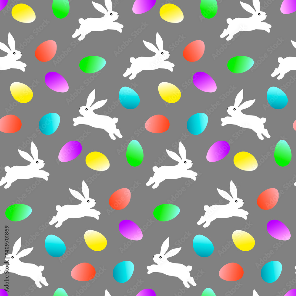 Pattern with white bunnies and Easter eggs. Easter story on a gray background for the decorations, wrapping paper, textile, and scrapbooking. Vector illustration.