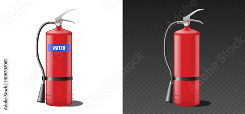 Realistic red fire water extinguisher with nozzle. Portable fire extinguishing equipment