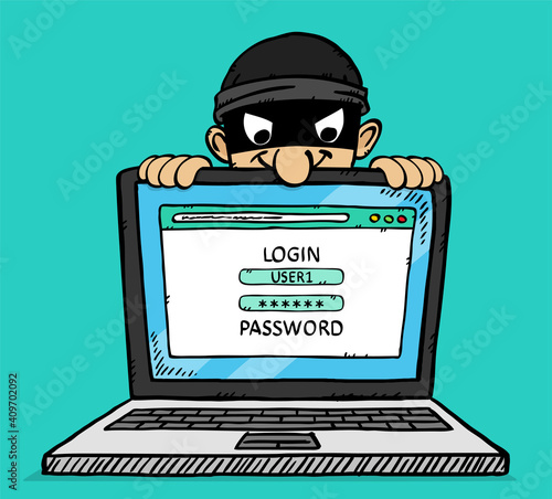 Colorful, cartoon style vector illustration of masked hacker spying privet computer when user is trying to login. The hacker wants to steal private data from webpage. Doodle style illustration.