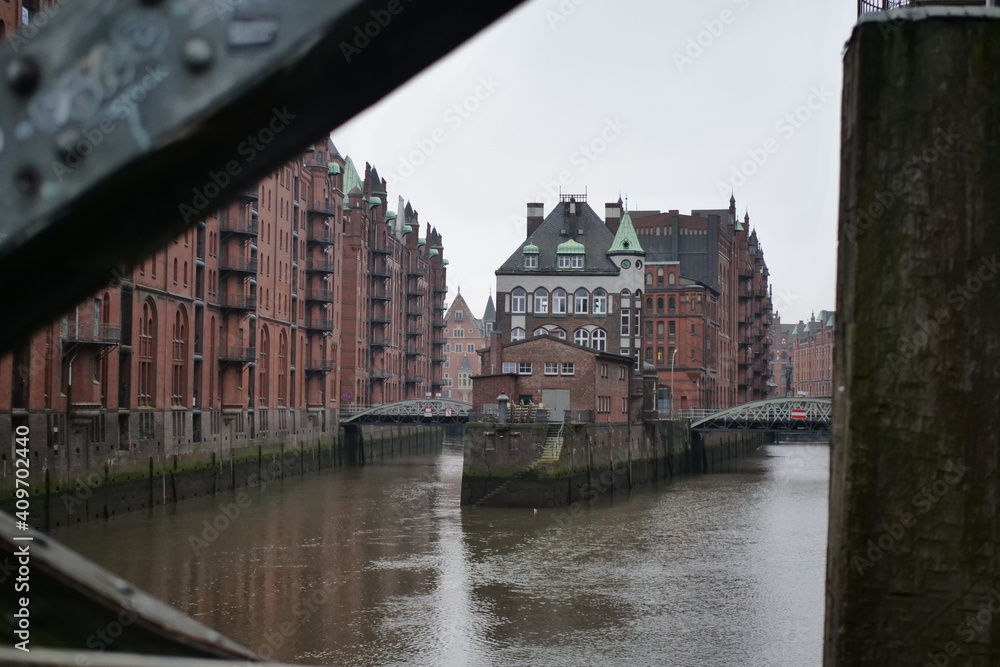 The old town of Hamburg called Speicherstadt in Hamburg, Germany on a cloudy day