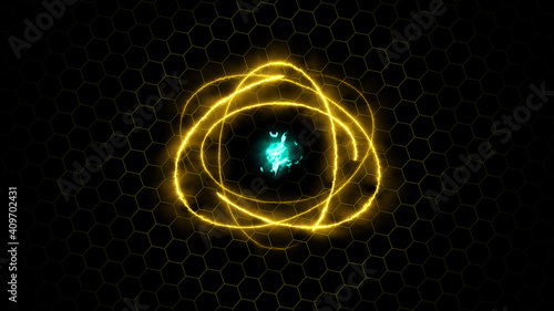 Colorful blazing ring fire fiery atom sphere circle magic shiny rotation loop around the core on a black background