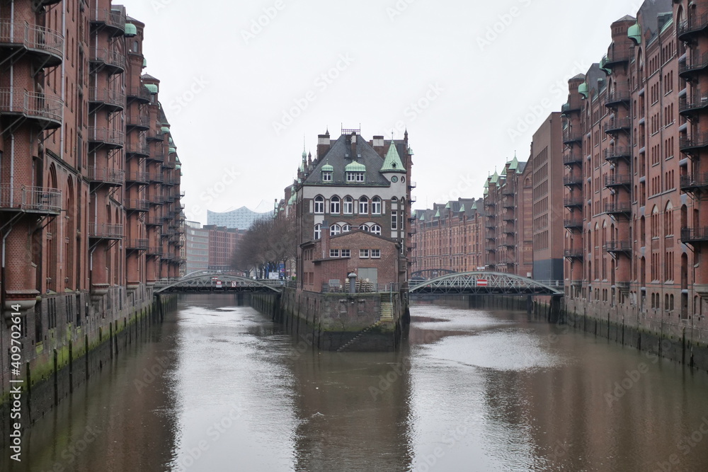 The old town of Hamburg called Speicherstadt in Hamburg, Germany on a cloudy day