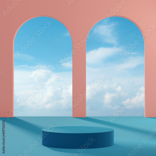 Podium stand on peach blue sky background for product placement 3d render 