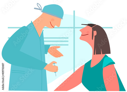 Vaccination time concept. Stop coronavirus concept. Doctor prepairing to inoculate female patient, making vaccine injection in shoulder. Vector illustration. Banner, poster,social media post