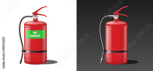 Realistic red fire extinguisher working on wet chemical. Portable extinguisher template mockup isolated