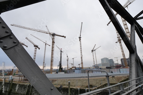 Construction Site in Hamburg, Germany with a lot of massive cranes