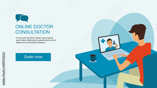 Banner template for posts, story. Medical poster or page for the site. On the screen, the doctor offers a medicine. Template for advertising online medical services. The doctor recommends medications