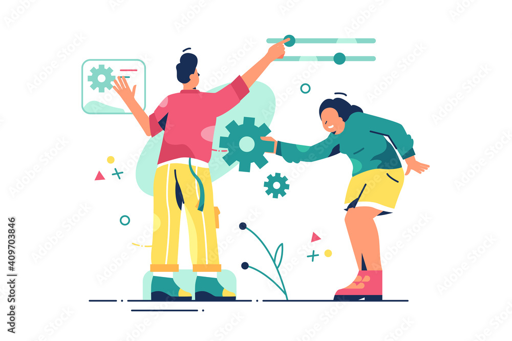 Obraz premium Colleagues work on customization vector illustration. Client wishes adjustment and personal approach flat style. Online technology concept. Isolated on white background