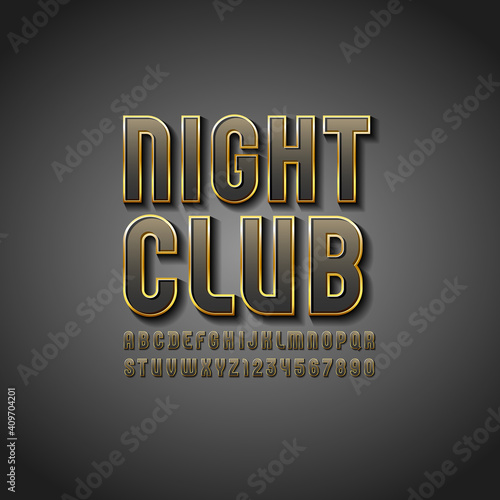 3d dark font with golden streak, trendy gloomy alphabet, modern condensed letters and numbers, vector illustration 10eps.