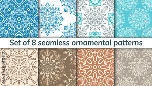 Pattern set arabic, indian, japanese, islamic motifs. Collection of 8 patterns. Mandala seamless pattern. © jelisua88