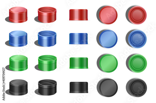 Set of isolated 3d bottle cap, realistic lid for water. Colorful beverage cover