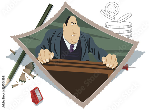 Respectable businessman or politician stands behind podium. Web page design picture concept.