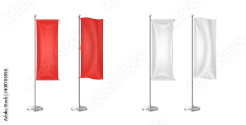 Vertical textile banners template mockup set. Panel flag with ground fillable isolated