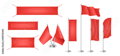 Red textile flags banners with folds template set. Isolated advertising mockup