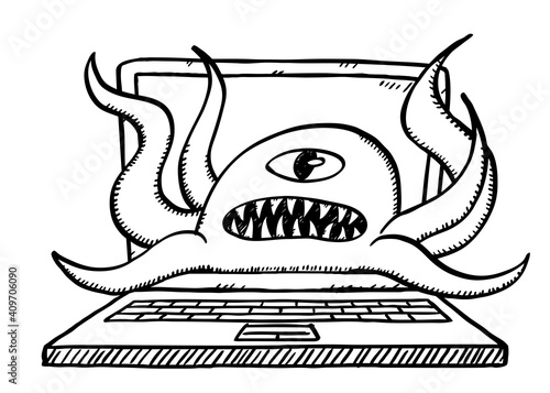Black and white sketch style vector illustration of computer virus attacking laptop. One eyed monster is a symbol of computer virus.