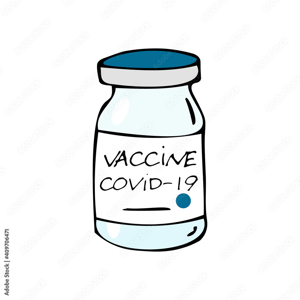 Covid-19 corona virusvaccination with vaccine bottle. Doodle vector illustration, simple cartoon line art. Covid-19 corona virusvaccination with vaccine bottle. Doodle vector illustration, simple cartoon line art.