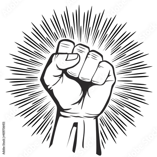 Raised hand with clenched fist. Protest symbol. Flat design, vector on transparent background