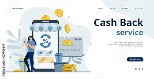 Online cashback concept.Saving money.Phone screen with cash back and bonus card.Money transfer.Online banking flat illustration.Saving money.Earn points.Money refund.Shopping online.Pay by card