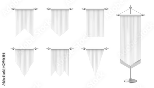 Realistic white pennants, vertical flags mockup isolated on white background