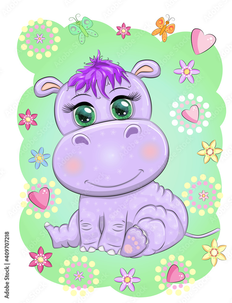 Fototapeta premium Cute hippo cartoon with beautiful eyes among flowers, hearts. print t-shirts, baby clothes fashion design, baby shower invitation card.