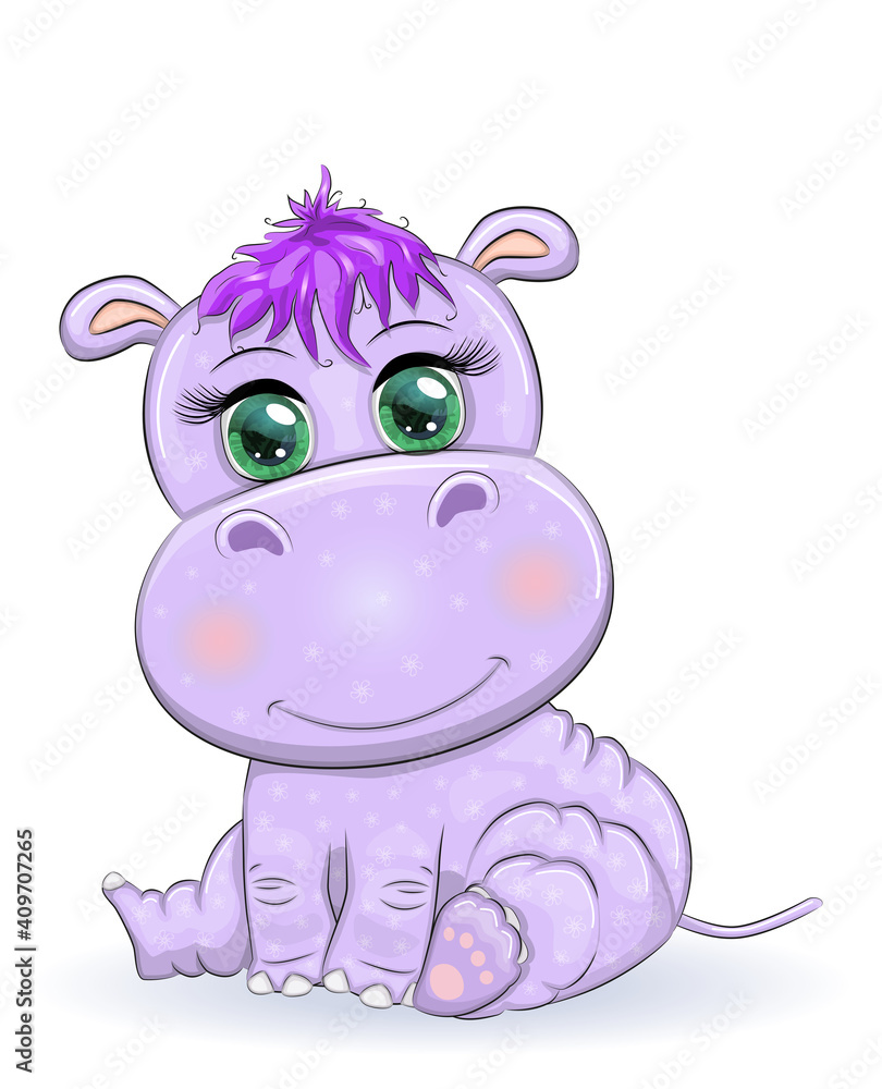 Plakat Cute hippo cartoon with beautiful eyes among flowers, hearts. print t-shirts, baby clothes fashion design, baby shower invitation card.