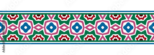 Border line seamless background. Decorative design seamless ornamental mosaic border pattern. Islamic, indian, arabic motifs. Abstract flower. Vector illustration