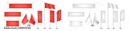 Realistic flags, textile banners, canvas and pennants mockup white and red empty for graphic design