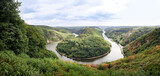 wide panorama of famous saarschleife river-bend in saarland germany, top view of spectecular tourist viewpoint