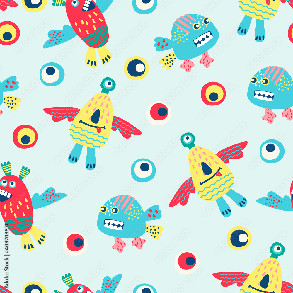 Seamless pattern with hand drawn funny monsters. Cheerful wallpaper for children, background for kids stationery Seamless pattern with hand drawn funny monsters. Cheerful wallpaper for children, background for kids stationery