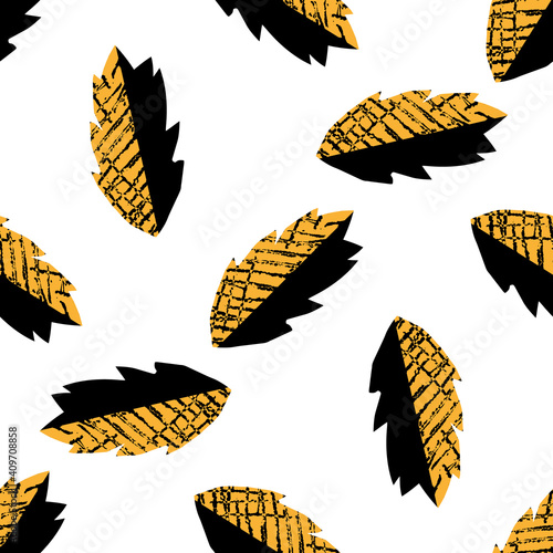 Grunge textured black and orange leaf seamless vector pattern background. Backdrop with scattered falling leaves. Modern botanical design with scribbled texture. All over print for masculine fashion