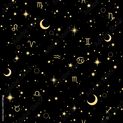 seamless pattern of golden zodiac signs and stars