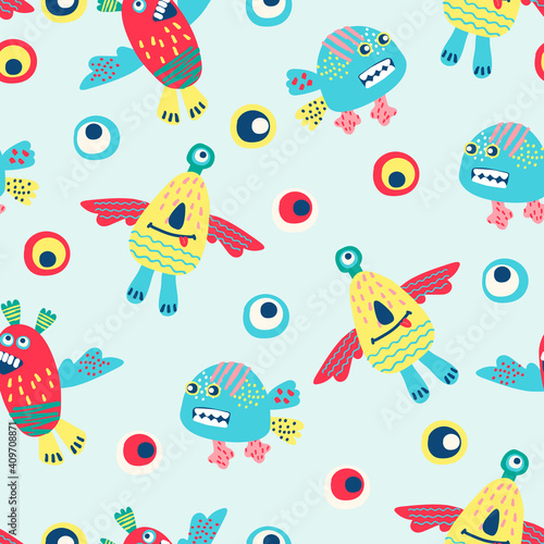 Seamless pattern with hand drawn funny monsters. Cheerful wallpaper for children, background for kids stationery