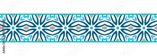 Border line seamless background. Decorative design seamless ornamental mosaic border pattern. Islamic, indian, arabic motifs. Abstract flower. Vector illustration