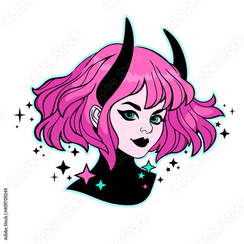 face of cute girl with colorful hair and horns