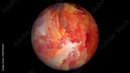 Abstract planet with сolorful atmosphere rotates slowly on black background