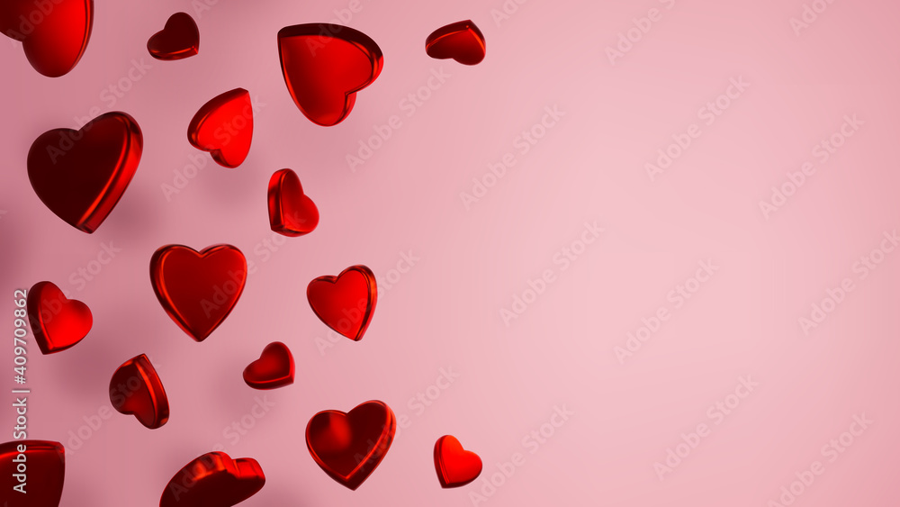 Red hearts background. Vector illustration with realistic shiny red metallic hearts isolated on pink background. Good for Valentine's day greeting cards, advertisement banners, event invitations.