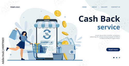 Cashback and saving money concept with coins.Money refund.Online cash back for purchase service vector illustration.Bonus card.Ecommerce business.Shopping online.Loyalty reward points. Happy buyers