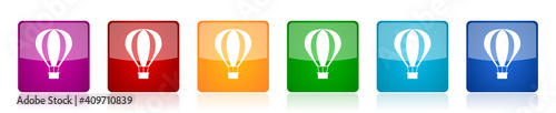 Balloon, air transport icon set, square glossy vector buttons in 6 colors options for webdesign and mobile applications