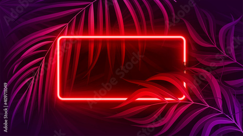 Neon light banner in fluorescent color, tropical background concept.
