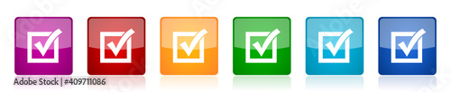 Correct, check box icon set, square glossy vector buttons in 6 colors options for webdesign and mobile applications