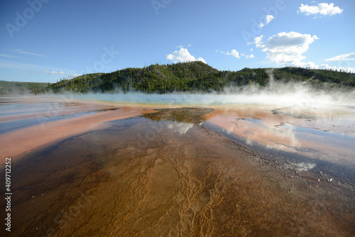 Close-up view of the bacterial mat and rising steam at the Grand Prismatic Spring at Yellowstone National Park