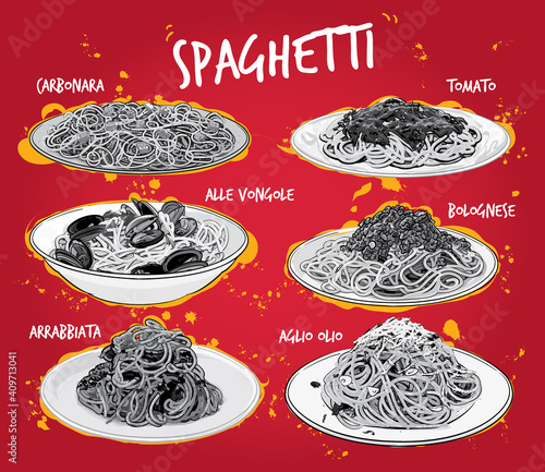 Hand drawn grayscale vector illustration of 6 common spaghetti dishes on plates.