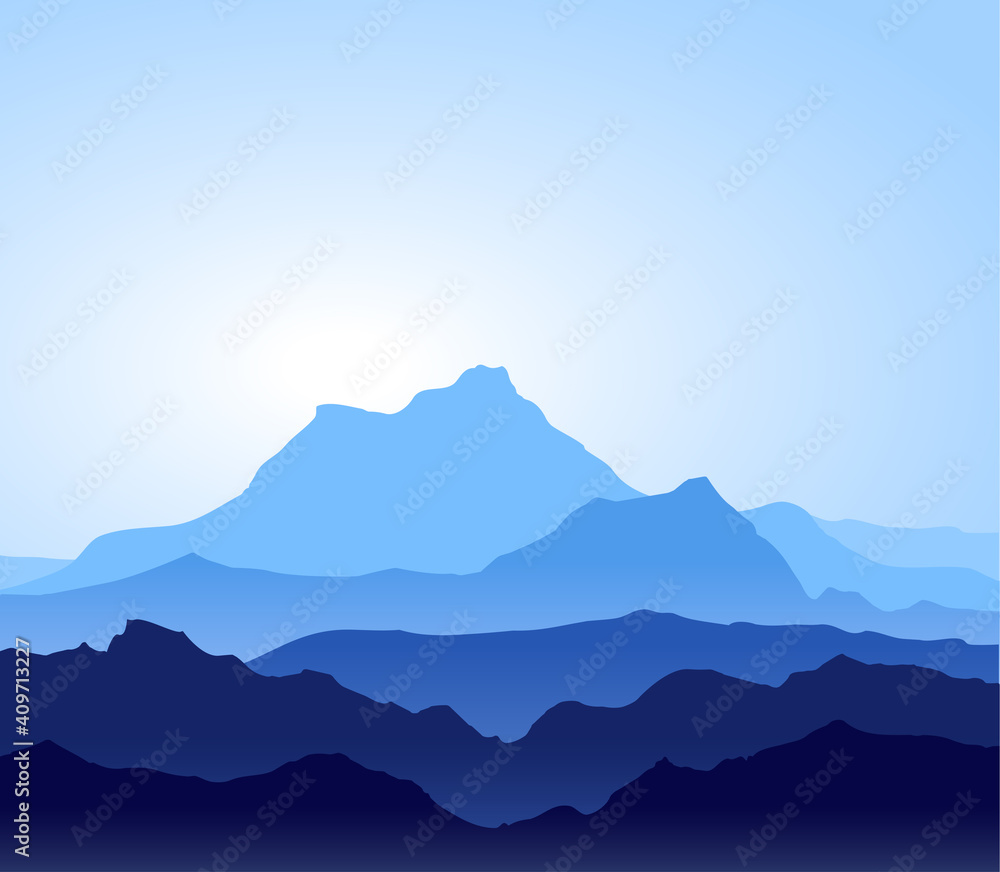 Vector landscape with blue silhouettes of mountains on blue sky. Huge mountain range. Vector illustration.