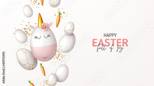 Happy Easter holiday banner. Cute unicorn from egg with gold horn, white eggs, carrots and gold confetti. Vector illustration with 3d decorative objects for Easter design.