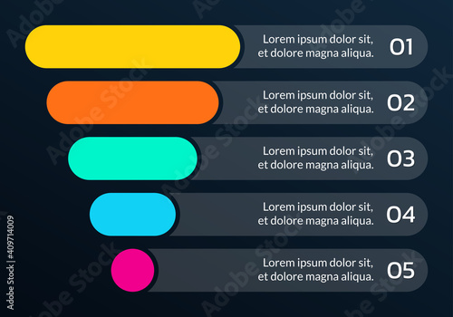 Funnel pyramid design for sales conversion. Marketing cone. Modern business diagram or chart template with 5 steps. Vector illustration.