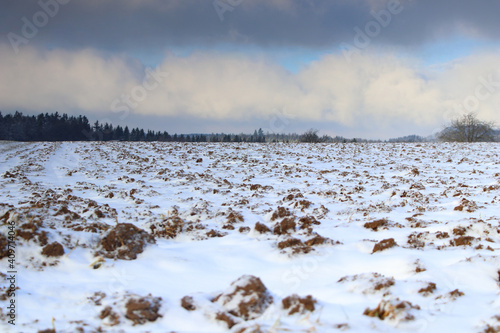 scenic view over a snowy field tp the horizon