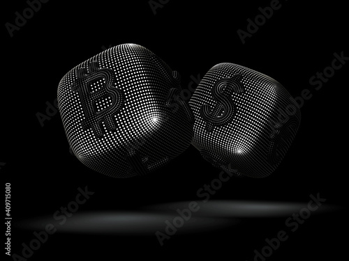 Digital 3D silver dices with cryptocurrency and fiat currency symbols Bitcoin and Dollar. Concept of fortune in crypto investing and stock exchange trading. Black background. Vector illustration.
