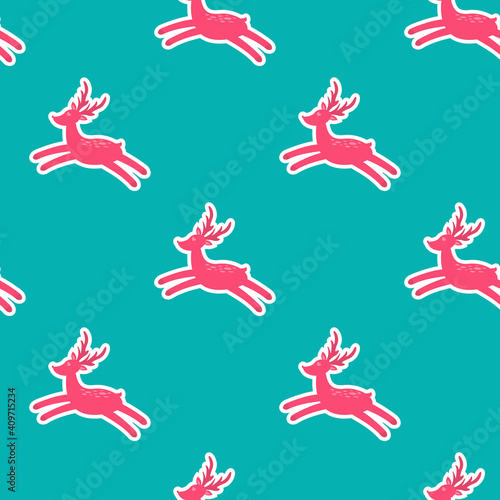 Happy valentines day greeting seamless pattern with pink deer and hearts on green background. Christmas pattern for fabric, wallpaper. Vector illustration.
