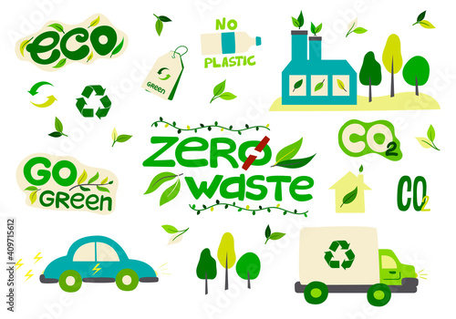 A collection of environmental stickers with the words-zero waste, ecology, save the planet, eco, recycling, no plastic. A set of decorative design elements. Flat vector illustration.